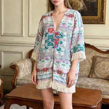 Women's Floral Tile Print Kimono Open Front 3/4 Sleeve Tassel Trim Loose Cover Up For Beach Vacation Outfits - 白色 - 查看 2