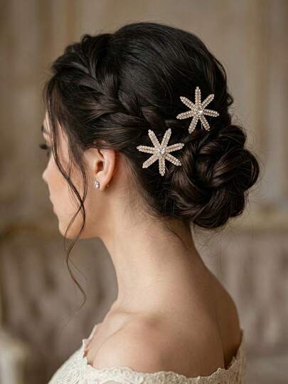 2pcs Gold Starry Rhinestone Hair Clips, Shiny Bridal Hair Accessories Suitable For Wedding, Graduation, Prom