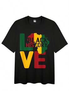 Plus-Size Men's T-Shirt, Featuring A Black History Month African Love Symbol And Pan-African Flag Creative  Print. Men's Casual Street Style Short-Sleeve Top, Available In Extra-Large Sizes. Statement T-Shirt, Suitable For Everyday Wear, Novelty Shirt, Printed T-Shirt, Breathable Material, Finely Crafted, Printed Shirt, Fashionable Apparel, For Urban Fashion Enthusiasts, Cultural Appreciation, Machine Washable - 黑色 - 查看 3