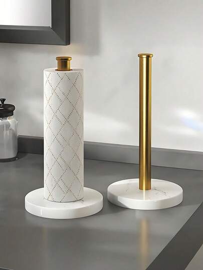 1pc Luxury Artificial Marble Base Tissue Box Holder, High-End Gold Color Kitchen Paper Towel Dispenser Decorative Rack