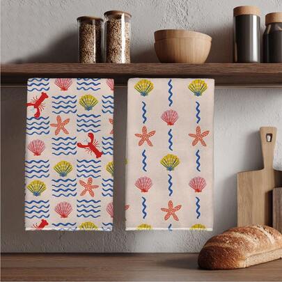 2pcs Summer Ocean Element Seamless Pattern Kitchen Towels, Featuring Lobster, Seashell, Starfish And Blue Wave Designs, Rectangular Super Soft Microfiber Kitchen Towels, Dish Cloths, Cleaning Rags, Hand Towels, Cooking Baking Tea Towels, Kitchen Decor, Housewarming Gift, Birthday Gift, Bathroom Cleaning Wipes, Decorative Towels