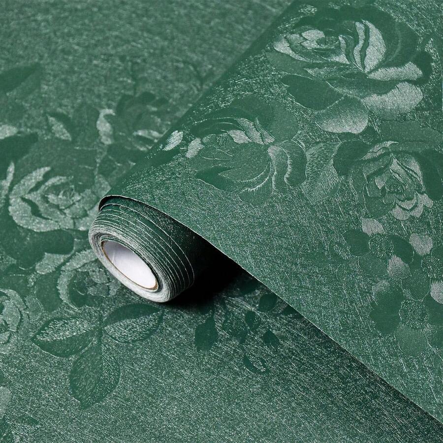 1卷加厚复古深绿色自粘壁纸，尺寸为17.7英寸 x 39.3英寸/118.1英寸/196.8英寸，防水自粘花卉压纹壁纸，适用于卧室、客厅、浴室、台面、衣柜内衬、墙面装饰