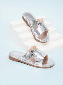 New Summer Girls Snake Skin Pattern Beach Flat Open Toe Sandals - Silver - View 1