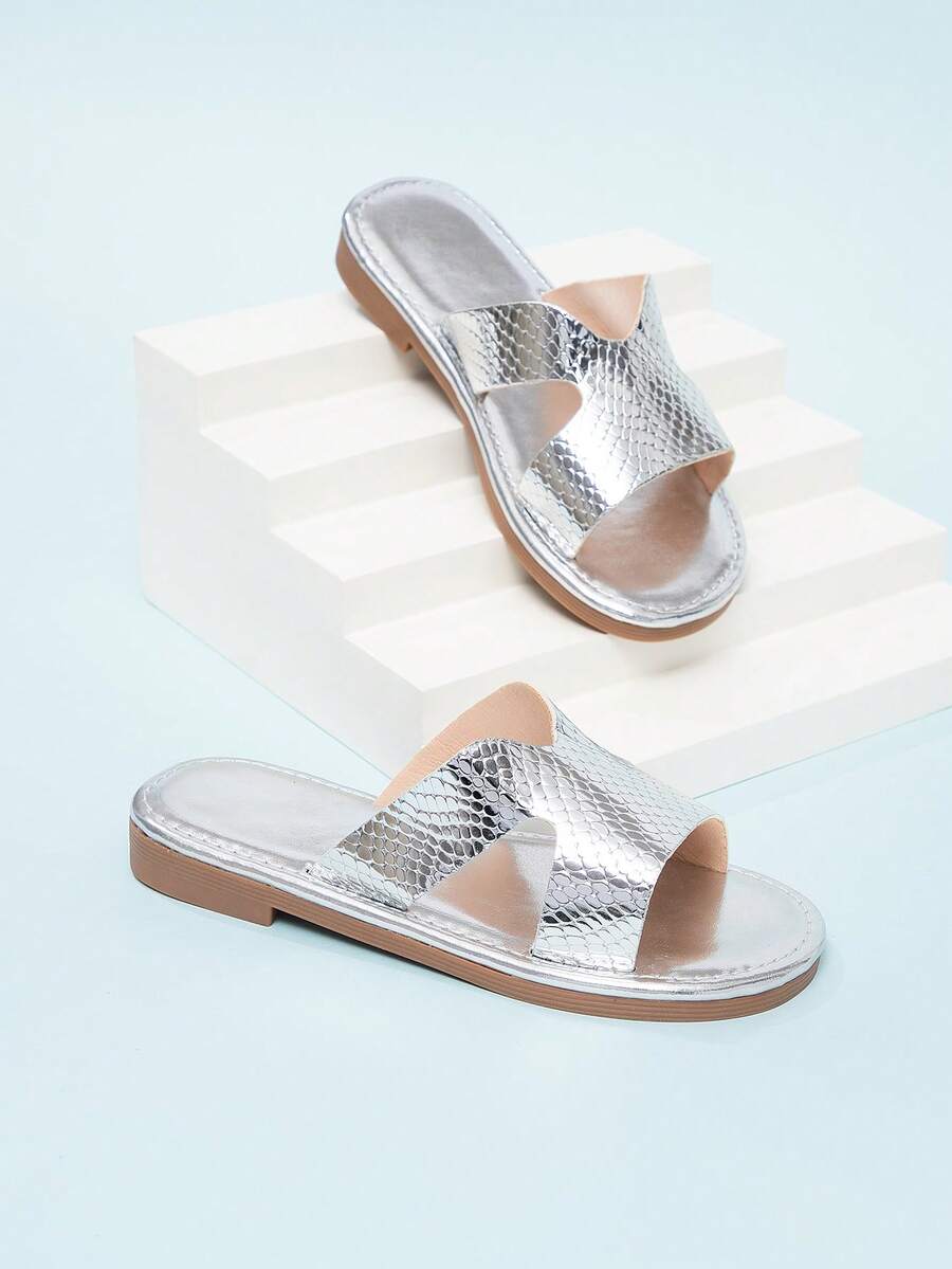 New Summer Girls Snake Skin Pattern Beach Flat Open Toe Sandals - Silver - View 1