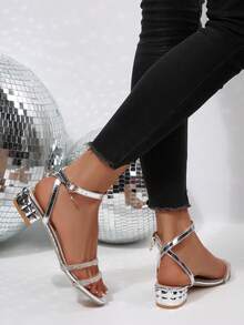 New Spring/Summer Fashion One-Strap Rhinestone Sandals, Sexy Open Toe Transparent Crystal Thick Heel High Heels For Women - Silver - View 6