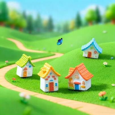 一套（4件）迷你乡村风格瓷砖小屋景观装饰，迷你树脂装饰品，适用于花园景观、微景观装饰、迷你场景布置、苔藓盆景搭配以及桌面微缩世界装饰