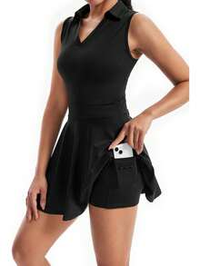 Plain Fitness Dress With Polo Collar And Built-In Shorts With Comfortable Pocket - 黑色 - 查看 5