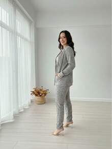 Traditional Ribbed Wool Set For Women - Grey - View 2