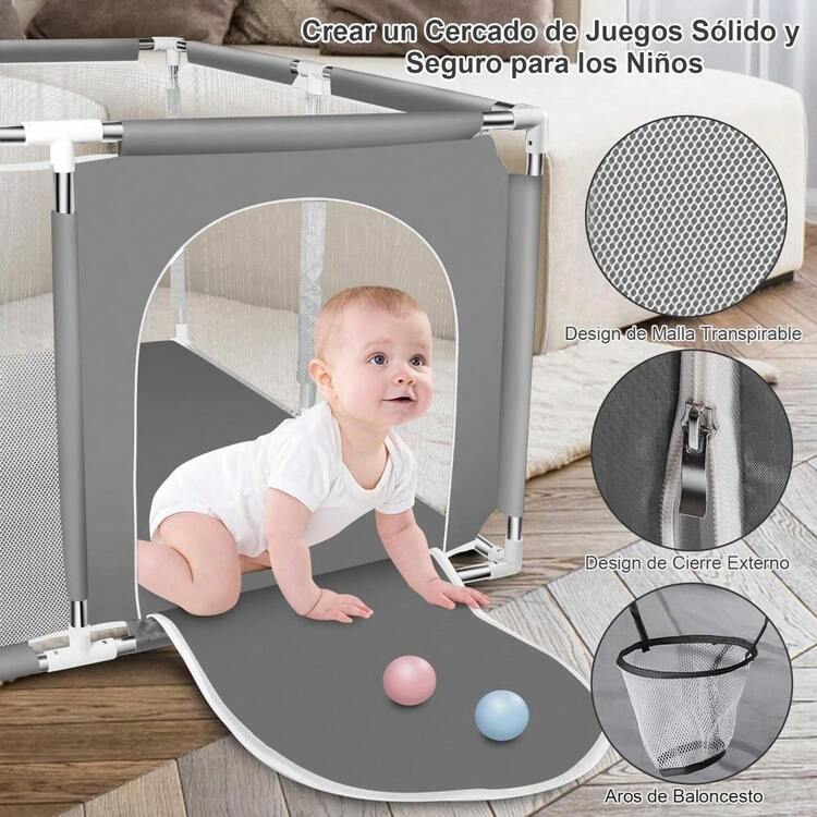 Corralito para Bebé, Juego de Parque Infantil con 10 Bolas Oceánicas, Aro de Baloncesto, Anillos de Tracción, Bolsa de Almacenamiento, Parque para Bebés, Malla Suave y Transpirable, Anticaída - 128 * 128 - Añade 2