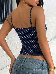 Women's Fashion Navy Blue Polka Dot Print Round Neck Fitted Casual Vacation Sexy Camisole Top, Beach Outfit - Navy Blue - View 4