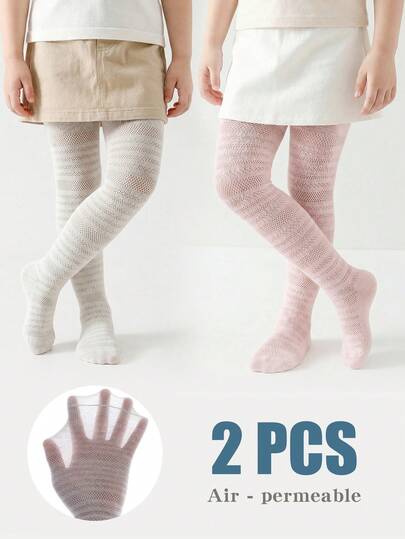 2 Pcs Girls' Kids' Lightweight Tights - Solid Color Mesh, Anti-Mosquito, Elastic For Dance, Play & School
