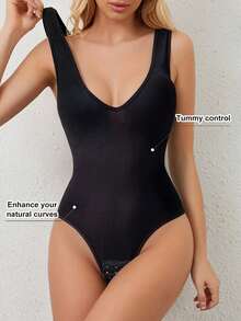 Seamless Low Back Lace-Up Wireless Shaping Bodysuit - Black - View 5