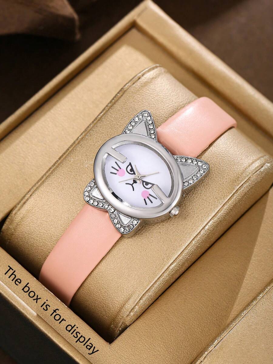 猫咪造型女童石英表，独特可爱猫脸表盘，理想礼物 - 彩色 - 查看 1