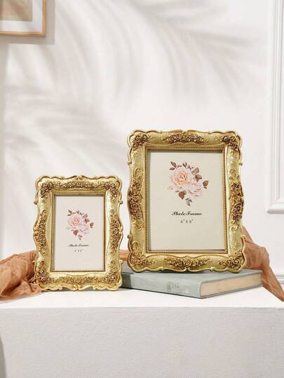 1 pezzo Cornice decorativa rettangolare in stile europeo con rose dorate in rilievo, cornice con motivo a rose 3D, adatta per la visualizzazione di foto domestiche e la decorazione fotografica