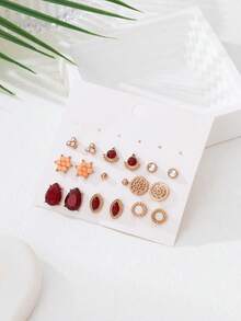 18pcs Red Tone Minimalist Elegant Earring Set, Versatile Styles Suitable For Women's Daily Wear, Parties, Dates - Earring Set - View 5