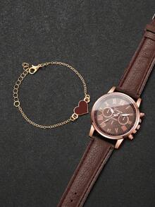2pcs/Set Women's Gift Watch With Classic Three-Eye Roman Numeral Dial, Elegant Quartz Wristwatch + Heart-Shaped Bracelet (Watch Box Not Included) - Brown - View 3