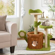 COSTWAY Cute Cat Tree For Adult Cats, Multi-Level Kitty Tower With Trunk Condo, Flower Perch, Plush Napping Bed, Pompom, Spring Toy, Platforms, Scratching Posts & Board, Indoor Pet Jungle Activity Center, Green - màu xanh lá - Xem 3