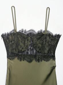 Vestido de satén con encaje asimétrico y estilo sexy, de moda para mujer en verano, con estilo elegante europeo y americano - Verde Oliva - Ver 8