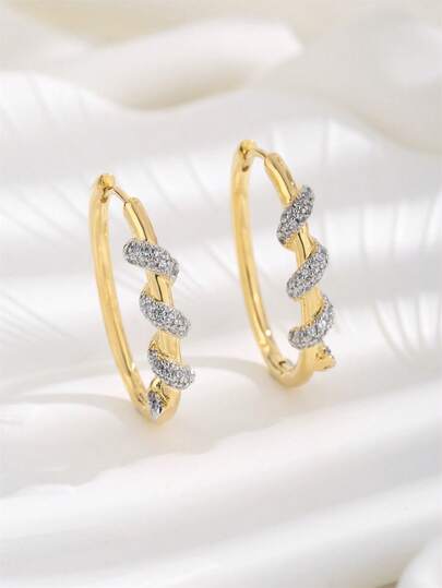 1 Pair Fashionable 18K Gold Plated Copper Zirconia Decorated Hoop Earrings, Suitable For Women's Daily Wear