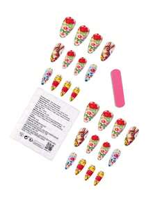 24pcs Medium Square Fake Nails With Rabbit & Flower Pattern, Pink Nail Art Stickers, Suitable For Women, Easter Themed - Multicolor - View 5
