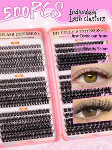 500片簇状假睫毛，浓密卷翘睫毛嫁接套装，D型卷翘，长度10-16毫米混合，DIY睫毛嫁接套装，蓬松柔软的单根睫毛，打造Y2K蝴蝶妆效，包含睫毛胶水、卸妆液和镊子，方便在家DIY - 黑色 - 查看 8