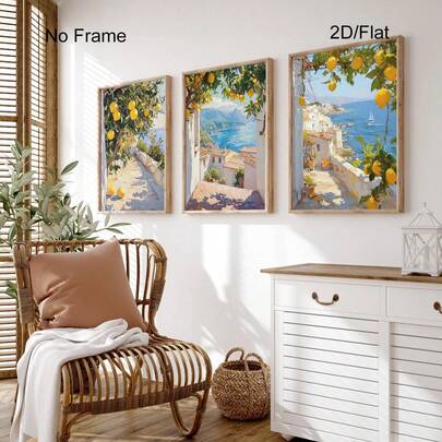 Amalfi Coast With Lemons Prints Set Of 3, Italy Landscape Wall Art, Rustic Kitchen Prints, Italian Cityscape Prints, Mediterranean Coastal Scenery Poster, No Frame