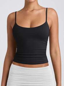 Women's Basic Double Lined Scoop Neck Tank Tops Adjustable Cami Tank Summer Sleeveless Tops - 黑色 - 查看 4