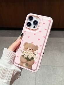 心形小熊图案防摔纹理皮革手机壳，适用于苹果 17/16 Pro Max、14/13、16、12、11 Pro Max、XS Max、X、XR、8、7、14 Plus，可作为生日礼物、送给女朋友、男朋友或自用 - 粉色 - 查看 4