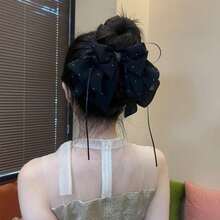 Pinza para el cabello con lazo de cinta de malla con strass con efecto de caída, elegante clip para cola de caballo de alta gama para mujeres - Negro - Ver 4