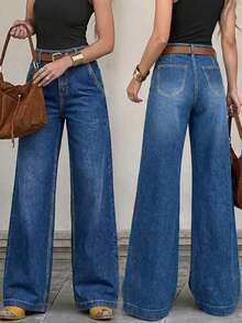 Women's Straight Leg Jeans, Wide Leg Casual Denim Pants, Solid Color, Button Closure, Suitable For Home, Holiday, Date, Spring - Blue - View 2