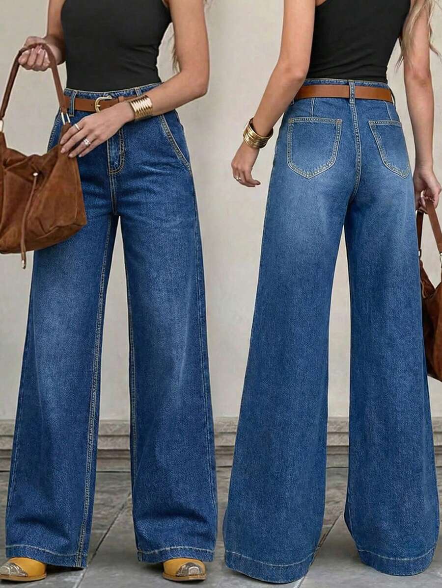 Women's Straight Leg Jeans, Wide Leg Casual Denim Pants, Solid Color, Button Closure, Suitable For Home, Holiday, Date, Spring
