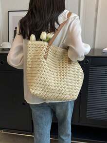 2025 New Large Capacity Commuter Bag For Women, Chic Straw Woven Shoulder Bag, Beach Tote Bag - Beige - View 4