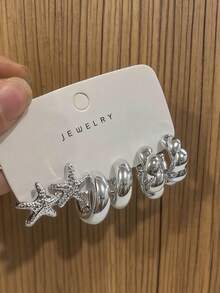 Set de 6/18 pendientes de moda plateados, con elementos de estrella, lazo, estrella de mar, flor y giro geométrico, combinando frescura y suavidad. Adecuado para uso diario, ir al trabajo, citas, fiestas y otras ocasiones - Multicolor - Ver 7