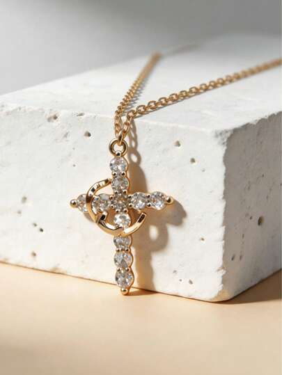 水钻十字架吊坠项链，银色饰品，少女珠宝，Y2K风格，精致颈链，可叠戴配饰