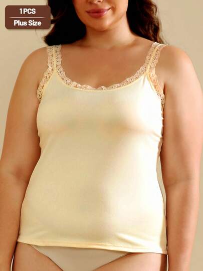 1 pieza Camiseta sin mangas de mujer de talla grande con decoración de encaje y cuello redondo, en unicolor