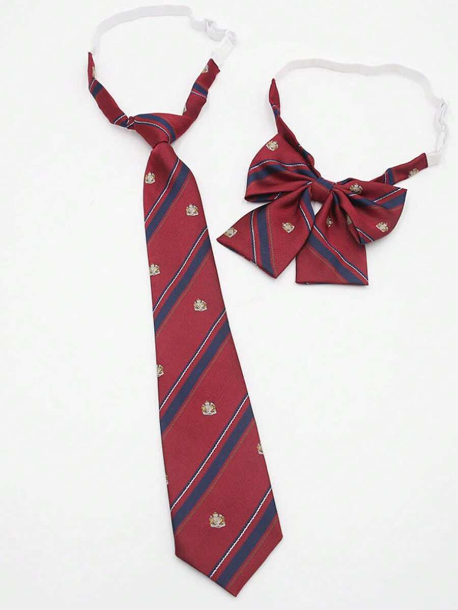 2pcs Burgundy Striped Pre-Tied Necktie And Bow Tie Set, Suitable For Academic Graduation Attire - Burgundy - View 1
