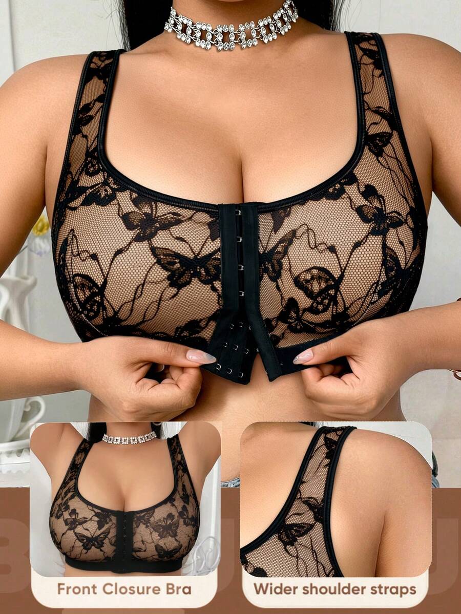 大码女士舒适蝴蝶蕾丝图案内衣 - 黑色 - 查看 1