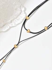 1pc Minimalist Retro Black Cord With Metal Ball Multilayer Y-Necklace, Suitable For Daily Wear, Party, And Vacation - Golden Heart - View 3