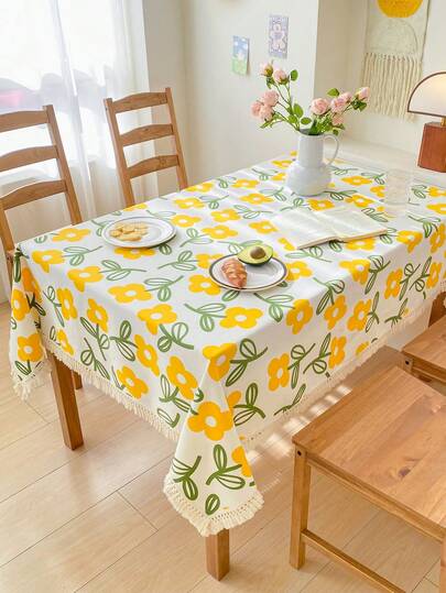 1pc Printed Linen Tablecloth, Fringed Edged Tablecloth, Waterproof Dining Table Cover, Kitchen Tabletop Protector, Decorative Dust-Proof Coffee Table Cloth, Suitable For Daily Home Decor And Holiday Party, Selected Thick Linen Fabric, Durable, Colorfast, Machine Washable