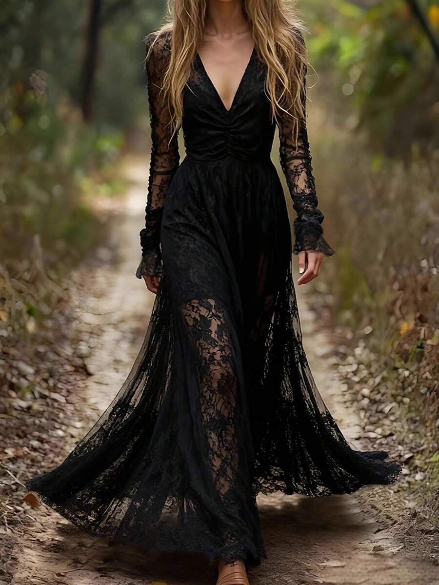 Goth Sheer Floral Lace V Neck Long Sleeve Ruched A-Line Maxi Dress - Black - View 1
