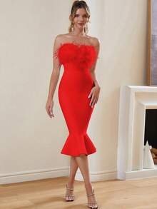 Furry Decor Bandage Bodycon Mini Dress, Suitable For Cocktail Party Wedding - Red - View 5