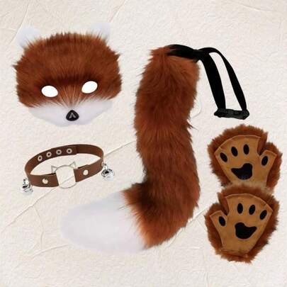 4件套毛绒狐狸服装，包括毛绒面具、爪子手套、蓬松狐狸耳朵头箍和尾巴，适合角色扮演、情侣、朋友、母亲节、情人节、毕业典礼、新年、婚礼、复活节等各种节日和场合。