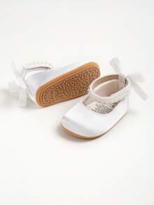 Newborn Baby Girls' Mary Jane Flats, Bow Decor, Non-Slip Soft Bottom PU Leather Infant Prewalker Shoes, Pearl Ribbon - White - View 6