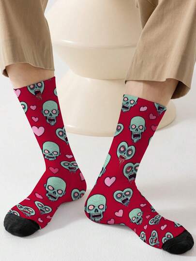 1 Pair 360 Men's Socks – Fun All-Over Print Featuring Love Skull,Soft, Comfortable, And Highly Elastic, These Fashionable Casual Streetwear Hip-Hop 360 Socks Are Perfect As Compression Gear, Valentine's Day Socks, Or Loose Maternity Socks.
