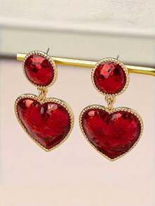 一对甜美又略带辛辣的红色心形吊坠耳环，青春可爱的女孩心形吊坠耳环 - 紅色 - 查看 3