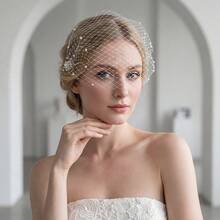 1pc Handmade Bird Cage Bow Faux Pearl Veil Headpiece, Wedding Accessory - White - View 3