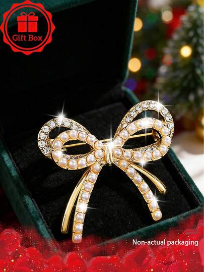 1pc18k Golden Plated French Classic Bow Brooch With Gift Box, Suitable For Christmas And Valentine's Day Wear, Suitable For Giving Gifts Throughout The Four Seasons