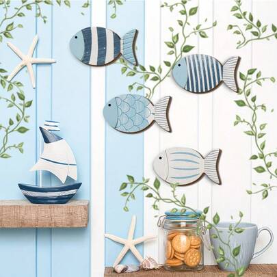 1/4 piezas Decoración de peces de madera de estilo costero, colgante de pared de estilo náutico del océano Mediterráneo azul, adecuado para baño, cocina, sala de estar, casa de playa, decoración de resort de playa