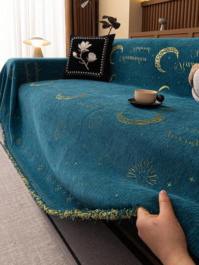 1 chiếc khăn phủ ghế sofa bằng vải chenille thân thiện với thú cưng, có thể giặt máy, với tua rua phong cách Bohemian và họa tiết trăng sao vàng.