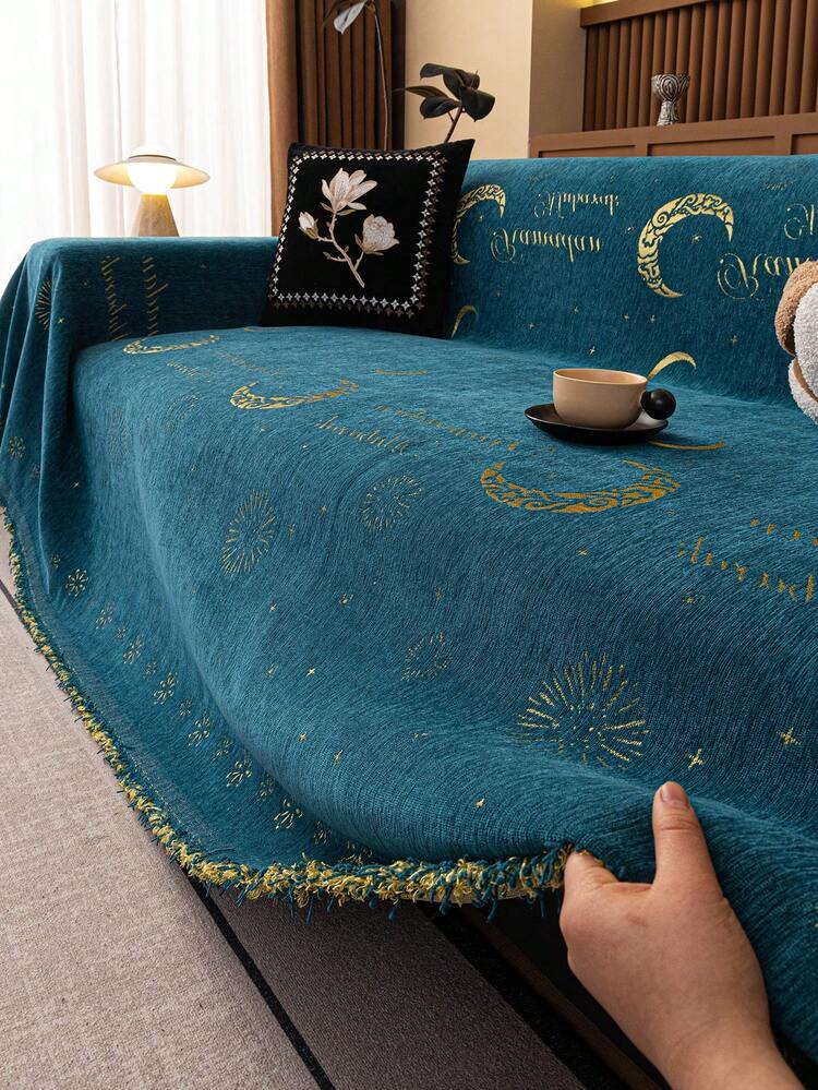 1 chiếc khăn phủ ghế sofa bằng vải chenille thân thiện với thú cưng, có thể giặt máy, với tua rua phong cách Bohemian và họa tiết trăng sao vàng. - Xanh đậm - Xem 1